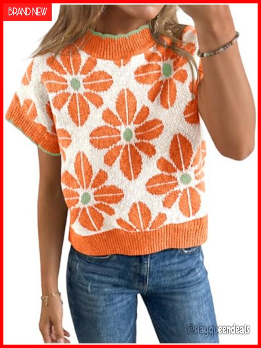 Womens Floral Crew Neck Short Sleeve Sweater